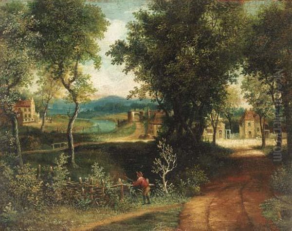 An Angler In A Wooded Landscape With A Village Beyond Oil Painting by Patrick, Peter Nasmyth