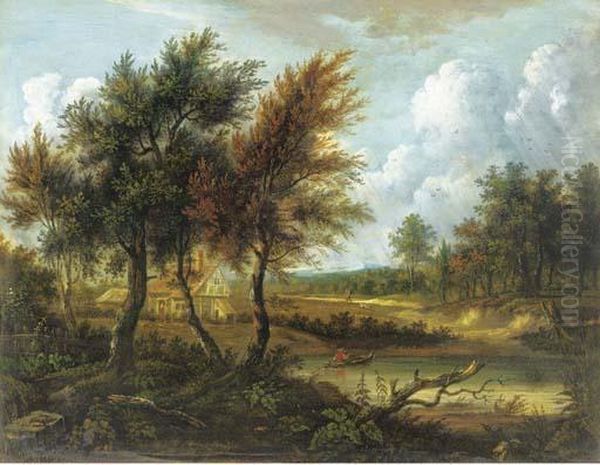 Figure In A Rowing Boat Before A Cottage In A Wooded Landscape Oil Painting by Patrick, Peter Nasmyth