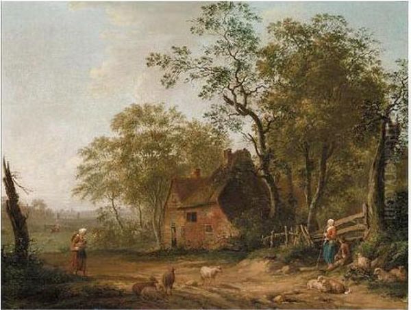 Figures And Sheep Outside A Country Cottage Oil Painting by Patrick, Peter Nasmyth