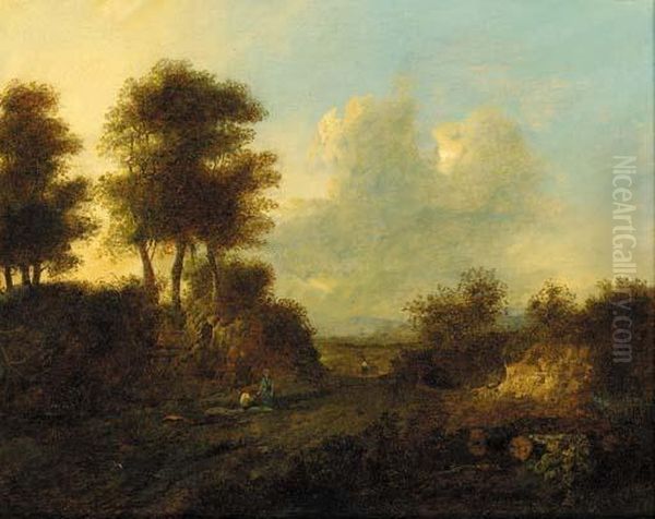 Figures Resting On A Track In A Wooded Landscape Oil Painting by Patrick, Peter Nasmyth