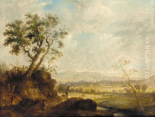 Figures In An Extensive Landscape Oil Painting by Patrick, Peter Nasmyth