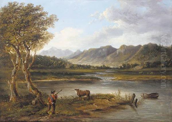 A Drover And A Cow In A Mountainous River Landscape Oil Painting by Patrick, Peter Nasmyth