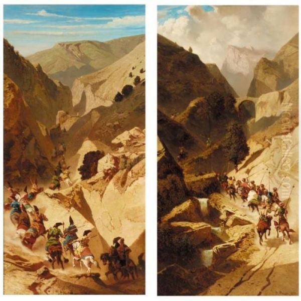 A Pair Of Paintings: Persian Horsemen In The Shiraz Mountains Oil Painting by Alberto Pasini