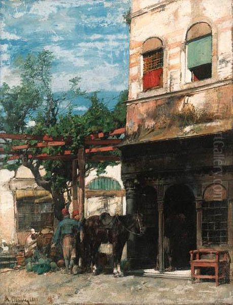 In The Courtyard Oil Painting by Alberto Pasini