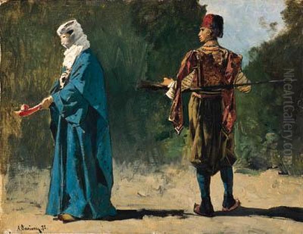 Donna Turca E Guerriero Oil Painting by Alberto Pasini