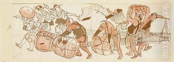 Men Rolling Casks Oil Painting by Katsushika Hokusai