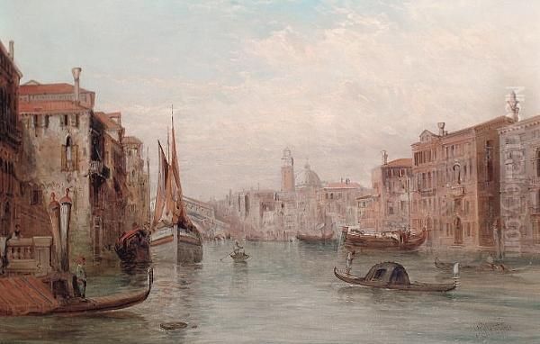 The Grand Canal, The Rialto Bridge In The Distance Oil Painting by Alfred Pollentine