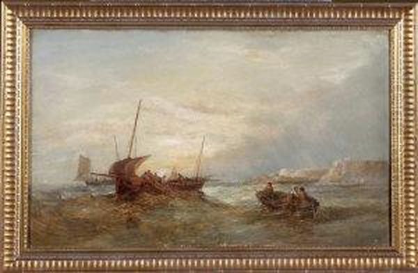 Fishing Boats Off The Yorkshire Coast At Sunrise Oil Painting by Alfred Pollentine