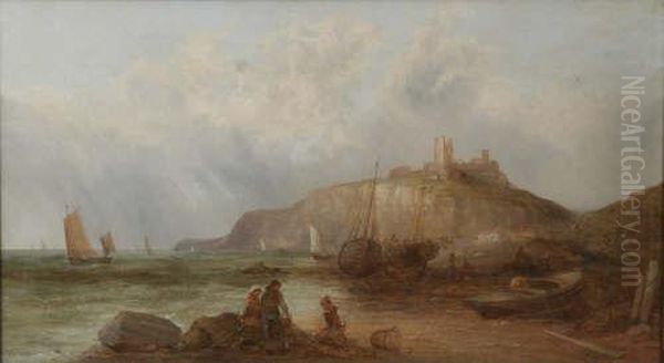 Dunstanborough Castle Signed 18 X 32in Oil Painting by Alfred Pollentine