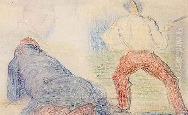 Soldier Fencing Another Reclining Oil Painting by Georges Seurat