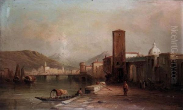 A Port Scene Oil Painting by Alfred Pollentine