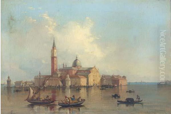 Gondolas On The Venetian Lagoon Before San Giorgio Maggiore Oil Painting by Alfred Pollentine