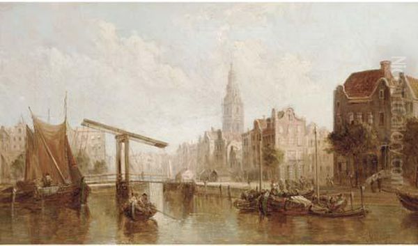 A View Of The Zuiderkerk From The Groenburgwal Canal,amsterdam Oil Painting by Alfred Pollentine