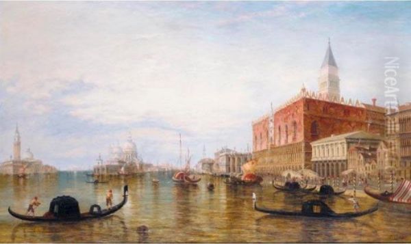 Gondolas On The Grand Canal In Front Of The Doge's Palace, Venice Oil Painting by Alfred Pollentine