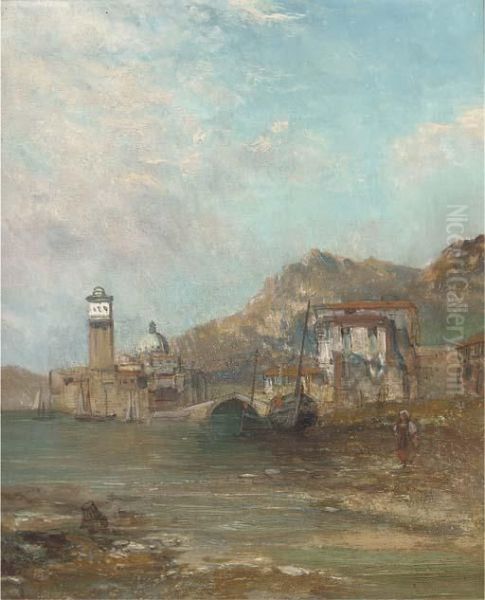 Figure And Boats At A Harbour Mouth With A Church Beyond Oil Painting by Alfred Pollentine