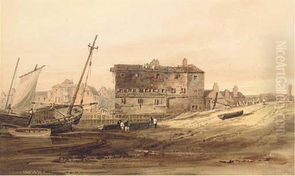 Shipping Vessels Beached By An Old Wharf With A Town Beyond Oil Painting by Samuel Prout