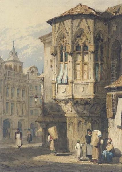 A Continental Street Scene Oil Painting by Samuel Prout