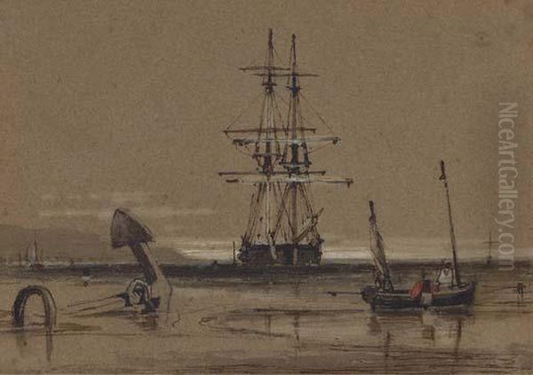 A Trading Brig At Anchor Off The Coast Oil Painting by Samuel Prout