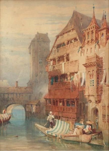 Figures Unloading A Barge On The River Pegnitz Oil Painting by Samuel Prout