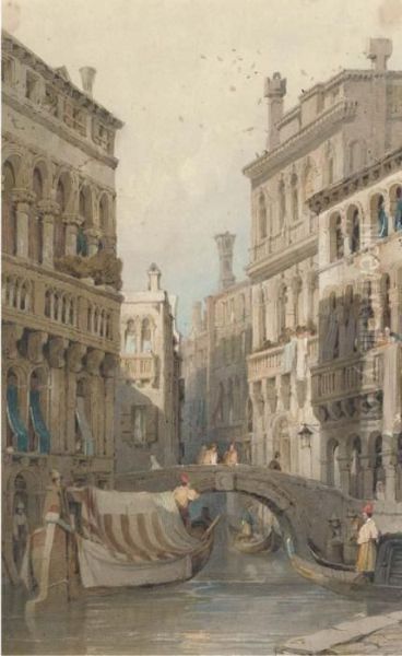 On A Venetian Backwater; And Figures On A Continental Street Oil Painting by Samuel Prout