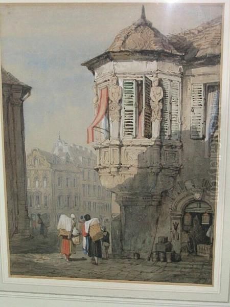 A Continental Street Scene Oil Painting by Samuel Prout