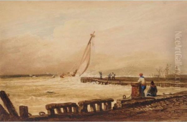 Coastal Scene With Jetty Oil Painting by Samuel Prout