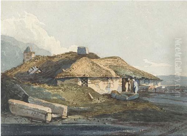 Figures Before A Thatched Cottage, Devon Oil Painting by Samuel Prout