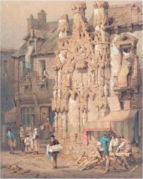 Street In Anvers; Street In Lisieux Oil Painting by Samuel Prout