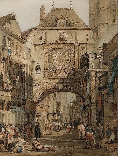 Rue Gros Horloge, Rouen; A Continental Street, A Pair Oil Painting by Samuel Prout