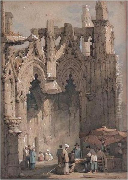 Figures By A Medieval Church Oil Painting by Samuel Prout