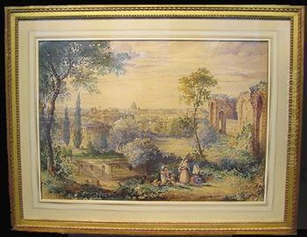 Italian Figures Overlooking Baths Of Caracalla With St. Peters Inthe Distance Oil Painting by Samuel Prout