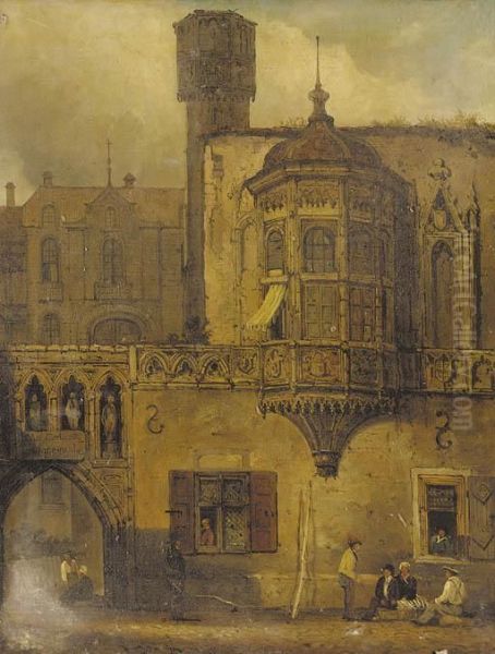 Figures Outside A Continental Courtyard Oil Painting by Samuel Prout