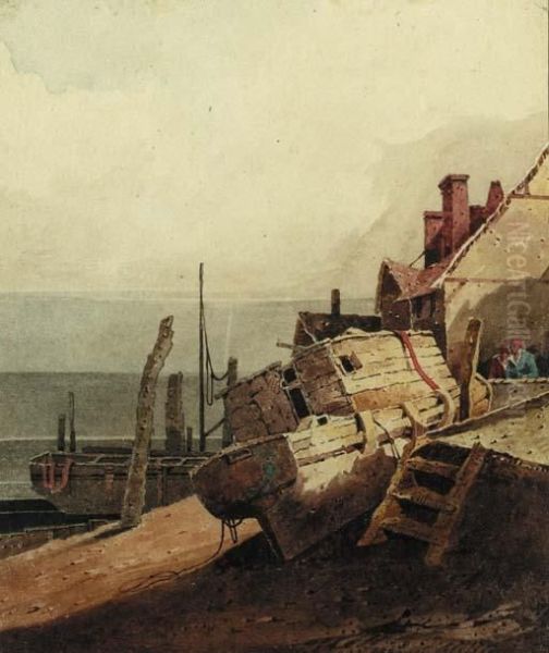 A Beached Fishing Vessel, With Fishermen Beyond Oil Painting by Samuel Prout