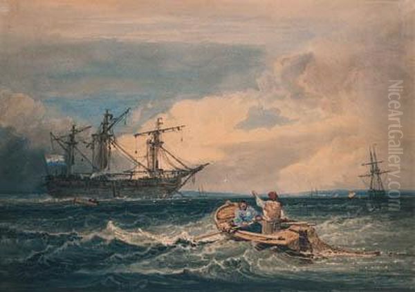 Figures In A Fishing Boat Approaching An Anchored Man-o-war Oil Painting by Samuel Prout