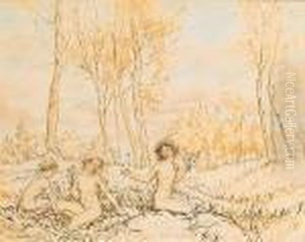 Three Wood Nymphs Gathering Flowers In A Wood Oil Painting by Arthur Rackham