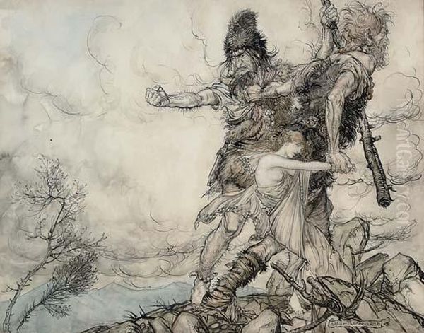 The Giants Fasolt And Fafner Abducting Freia, Goddess Of Love, From Oil Painting by Arthur Rackham