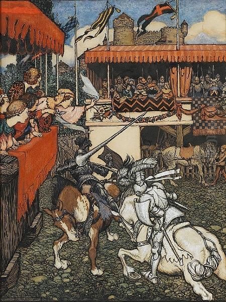 Sir Tristram Defeats Sir Palamedes In Ireland Oil Painting by Arthur Rackham