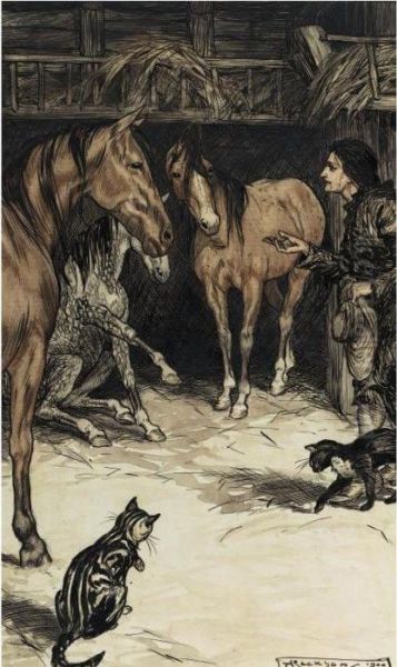 Gulliver Visiting With The Houyhnhnms Oil Painting by Arthur Rackham