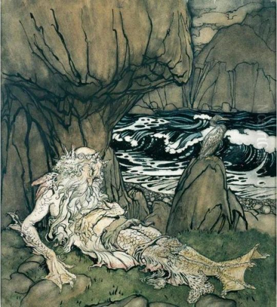 A Crowned Merman Oil Painting by Arthur Rackham