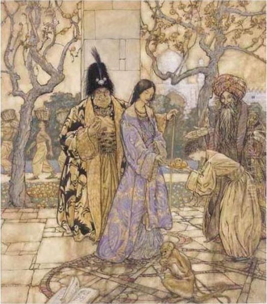 They Harvested For Ahmed's Princely Hand In Gardens Oil Painting by Arthur Rackham