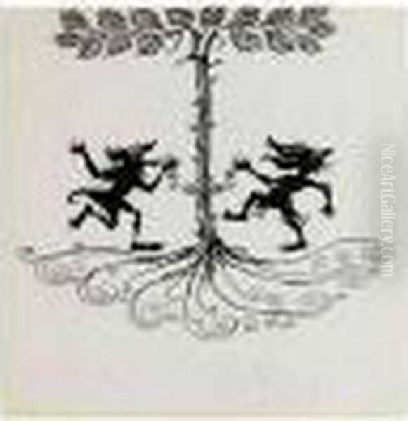 Two Fantastical Creatures Dancing Around A Tree Oil Painting by Arthur Rackham