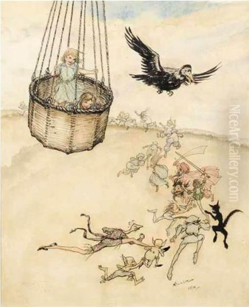 Two Children In The Basket Of A 
Balloon Accompanied By A Rook Soaring Above The Zankiwank And Other 
Running Figures Oil Painting by Arthur Rackham