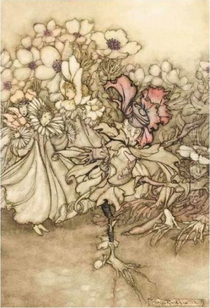 Fairies Disguising Themselves As Flowers Oil Painting by Arthur Rackham