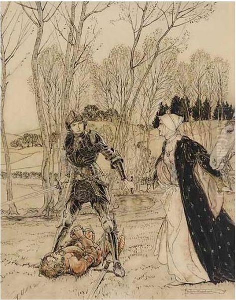 How Beaumains Defeated The Red 
Knight, And Always The Damosel Spake Many Foul Words Unto Him Oil Painting by Arthur Rackham