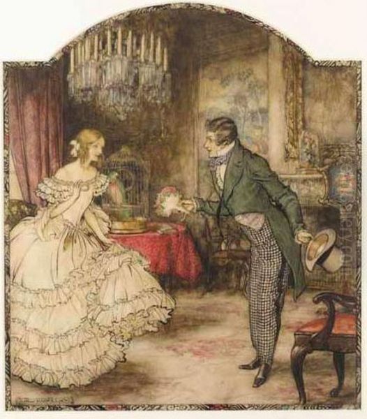 A Young Man Presenting A Bouquet To A Girl Standing In A Drawing Room Oil Painting by Arthur Rackham