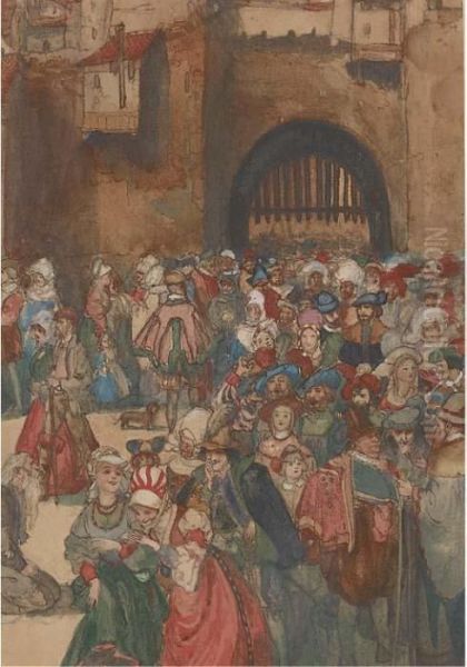 Crowds By The Town Gate Oil Painting by Arthur Rackham