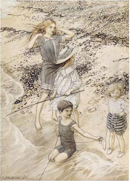 Children By The Sea (on The Beach) Oil Painting by Arthur Rackham