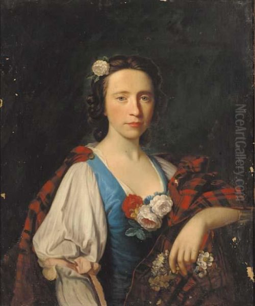 Portrait Of Flora Macdonald, Half-length, In A White And Blue Dress And Tartan Plaid Oil Painting by Allan Ramsay