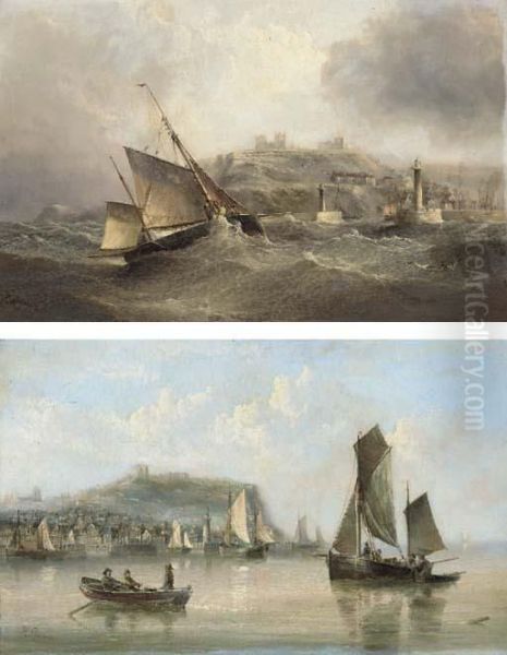 Reducing Sail At The Entrance To
 Whitby Harbour; And The Fishing Fleet Returning To Scarborough Oil Painting by Henry Redmore