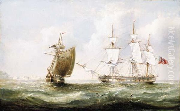 A British Frigate Hove-to Off The Needles Oil Painting by Henry Redmore